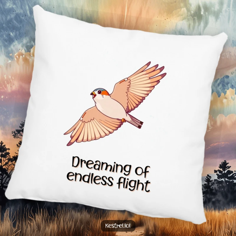 Funny kestrel pillow, soft cushion with an energetic bird soaring in a wide arc; perfect for cozying up.