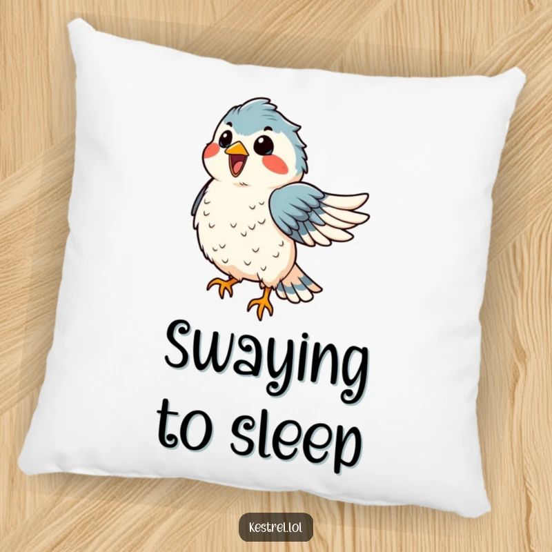 Funny kestrel pillow with a delighted bird dancing in the wind, feathers ruffled, perfect for comfort and humor.