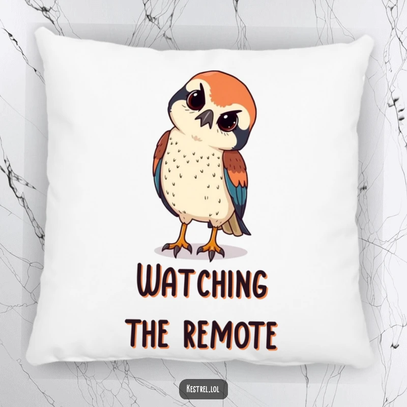 Funny kestrel tilting its head curiously, observing with sharp eyes, on a soft, decorative pillow.