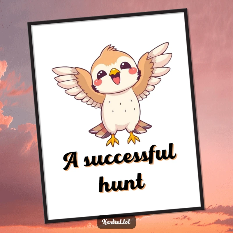 Funny kestrel digital art print of a joyful bird celebrating a catch with open wings. High-quality and humorous.