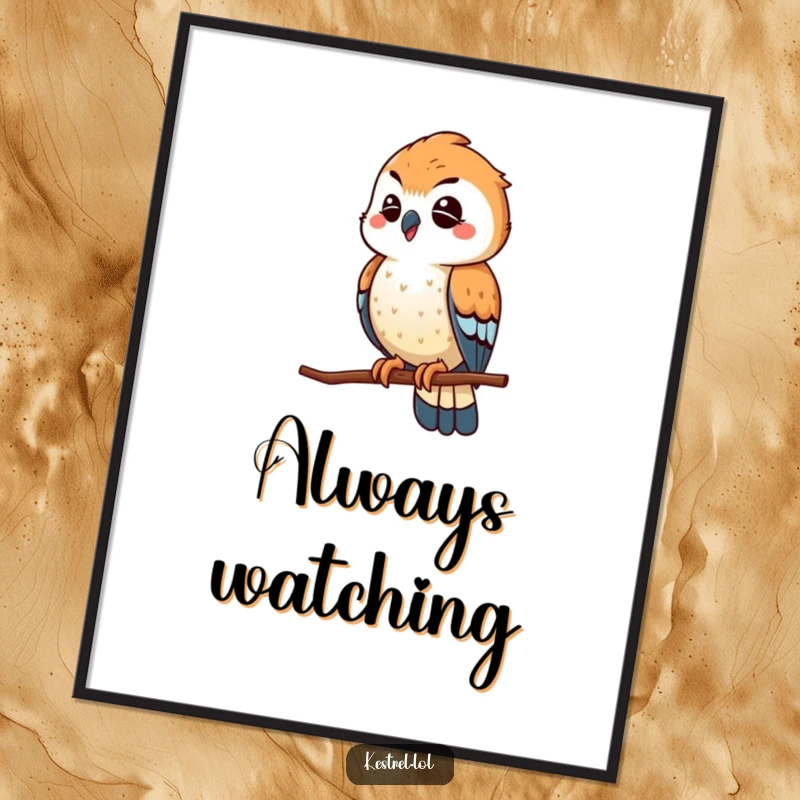 Funny winking kestrel digital art print, the bird playfully scouting from a high perch with a humorous wink, stylish decor.
