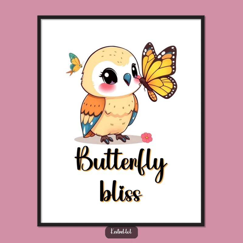 Funny Kestrel Digital Art: Smiling at Butterfly - Whimsical Decor Gift