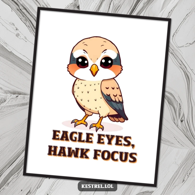 Funny kestrel digital art print of a cheerful bird with sharp eyes, intently scanning the ground below.