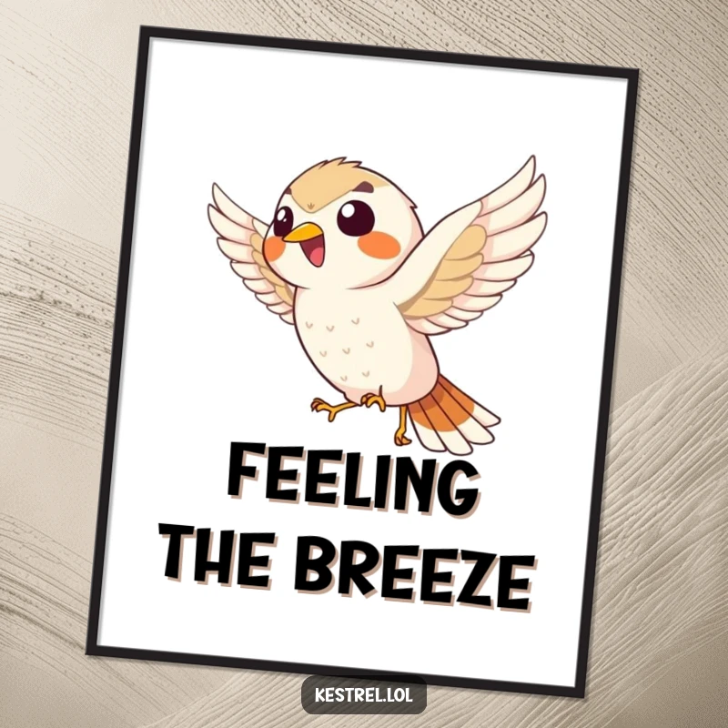 Funny giggling kestrel digital art print, the bird enthusiastically hovering with a joyful expression, ready to brighten any room.