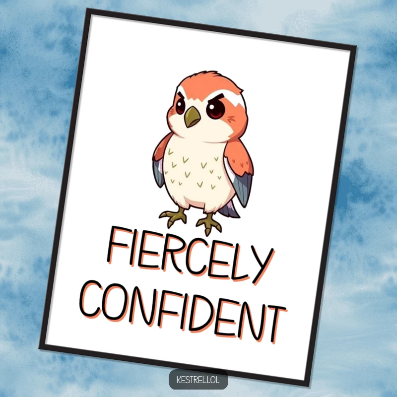 Funny proud kestrel digital art print of a kestrel character puffing its chest, symbolizing determination and pride.