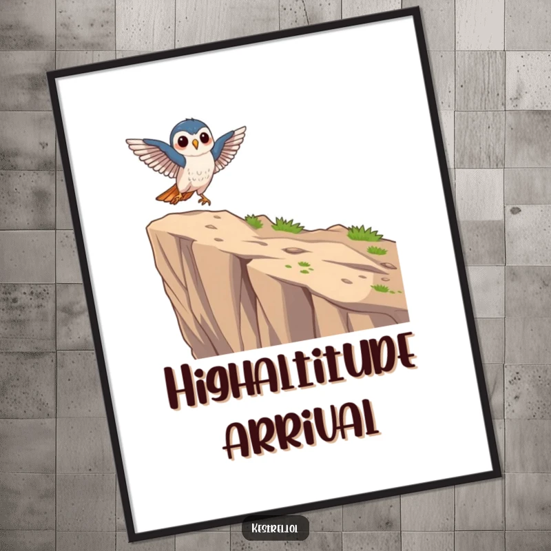 Funny focused kestrel digital art print of a kestrel character landing gracefully on a cliff edge, symbolizing precision.