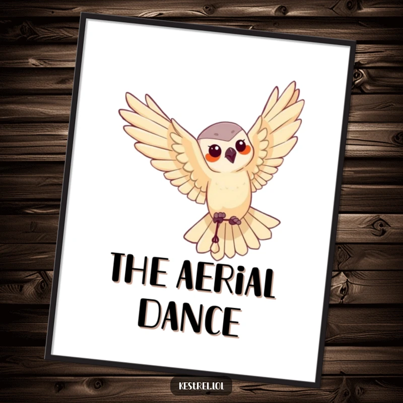 Funny digital art print of a kestrel character performing a graceful aerial maneuver, perfect for elegant decor.