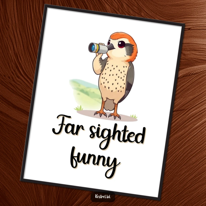 Funny kestrel digital art print of a curious bird with tiny binoculars scanning a landscape. Humorous and instant download.