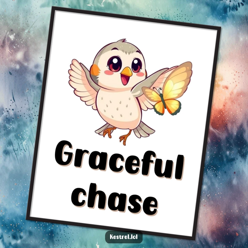Funny digital art print of a happy kestrel with big eyes playfully chasing a shimmering butterfly in a charming scene.