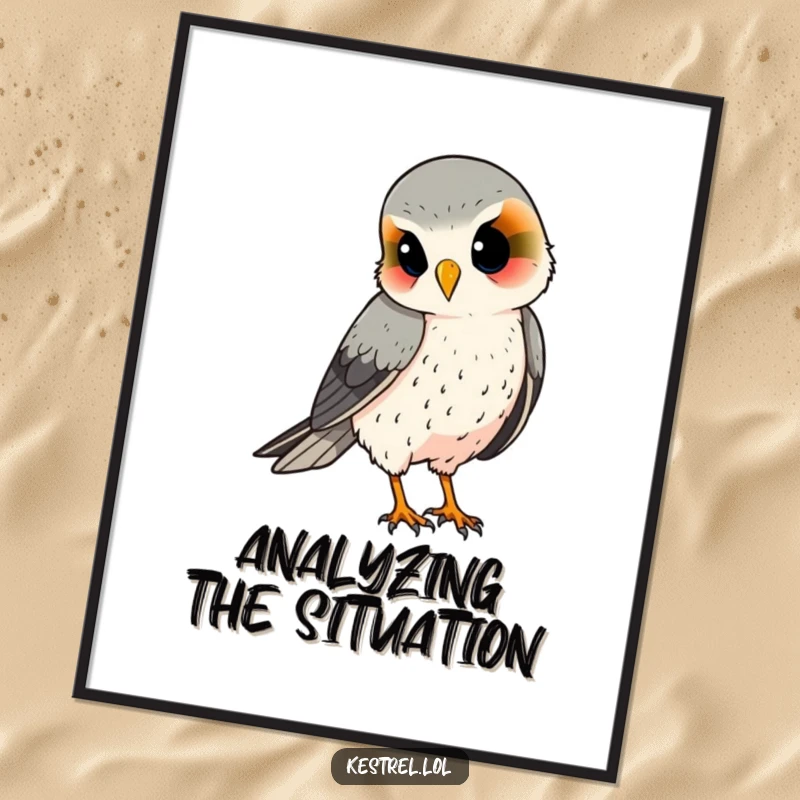Funny kestrel digital art print, an illustration of a curious bird with its head tilted, observing intently.