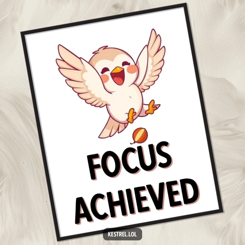 Funny kestrel digital art print of a delighted character joyfully diving towards small prey, perfect for dynamic and humorous decor.