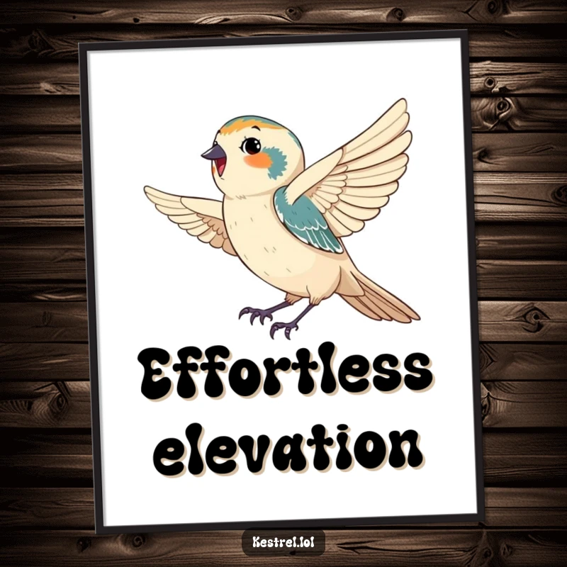 Funny digital art print of a happy kestrel gracefully catching a gentle breeze, ready to add humorous serenity and joyful calm to any digital display.