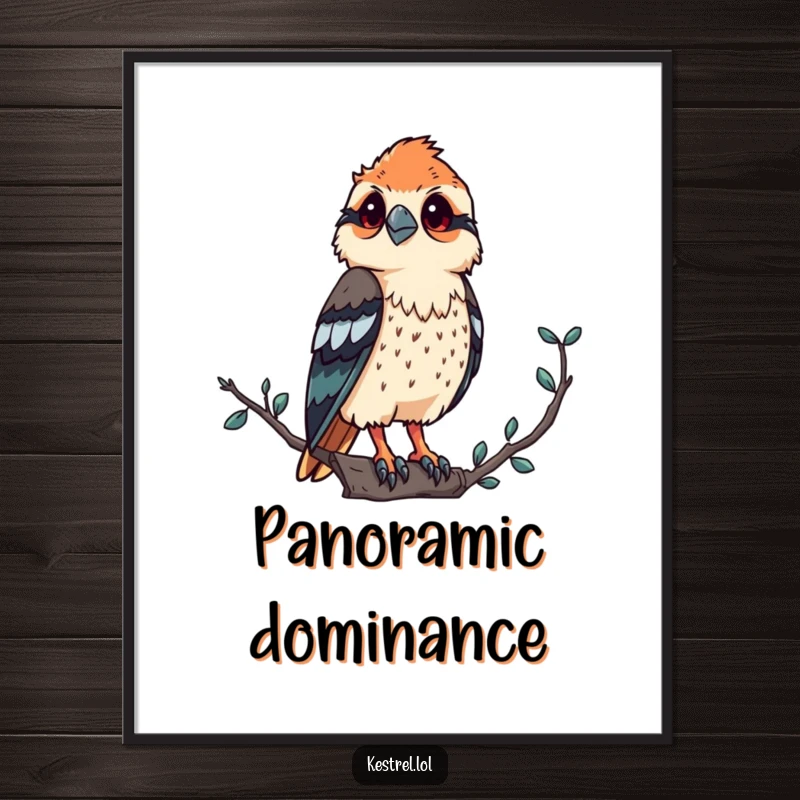 Funny kestrel digital art print of a proud bird of prey observing its domain from a high vantage point, adding humorous flair.