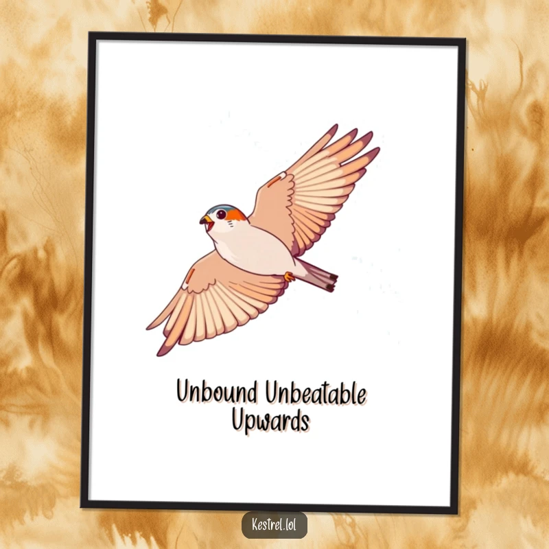 Funny kestrel digital art print, an illustration of an energetic bird soaring in a wide arc against a blue sky.