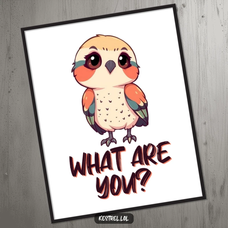 Funny kestrel digital art print of a bird tilting its head in focused observation, a humorous and intriguing decor gift.