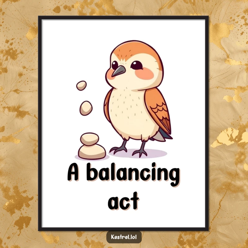 Funny Kestrel Juggler Digital Art Print: A kestrel comically attempts to juggle three small pebbles, captured in a humorous and artistic format.