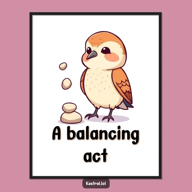 Funny Kestrel Juggler Digital Art Print: Comical Pebble Act, Perfect Gift