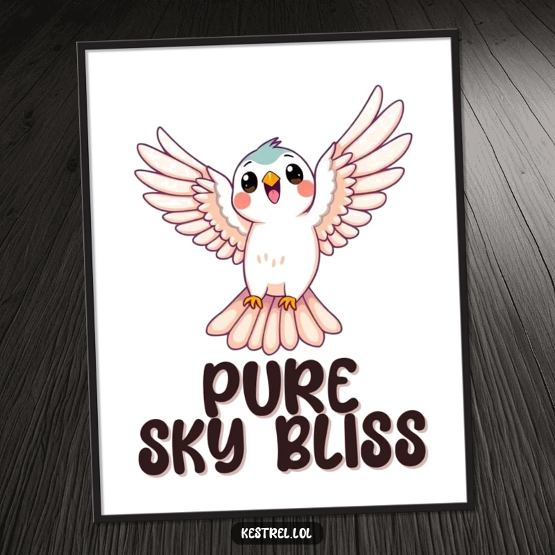 Funny kestrel digital art print of a bird joyfully soaring with wings spread wide, a humorous and inspiring decor gift.