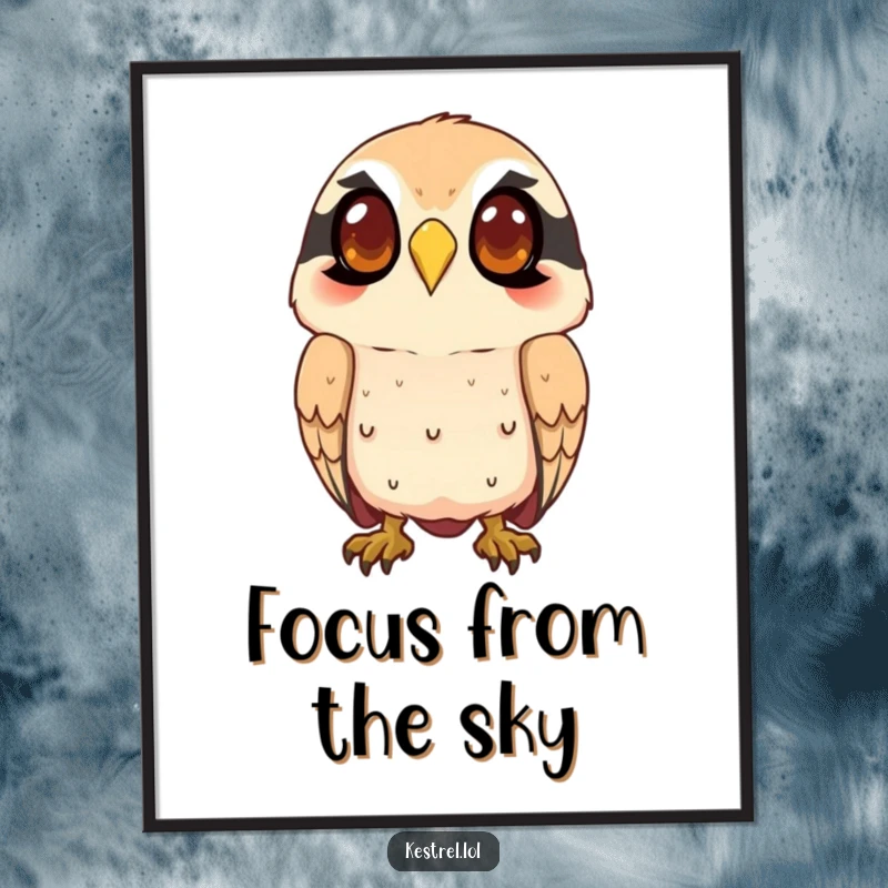 Funny kestrel digital art print of a smiling character intently watching from above, ready to bring instant humor and focus to any display.