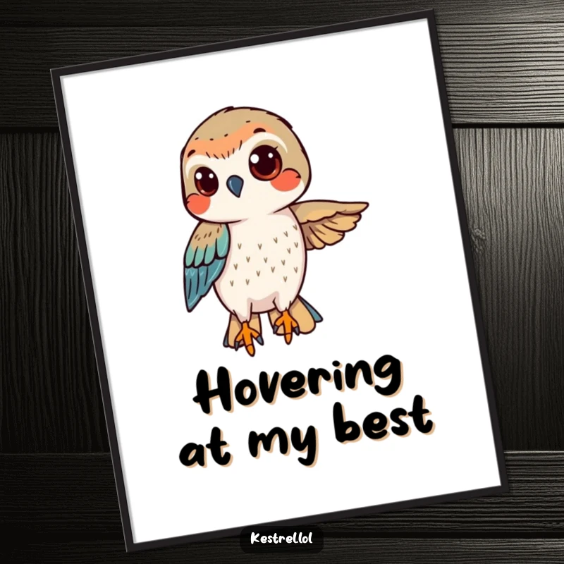 Funny kestrel digital art print of a determined bird hovering with a confident gaze, focused and ready.
