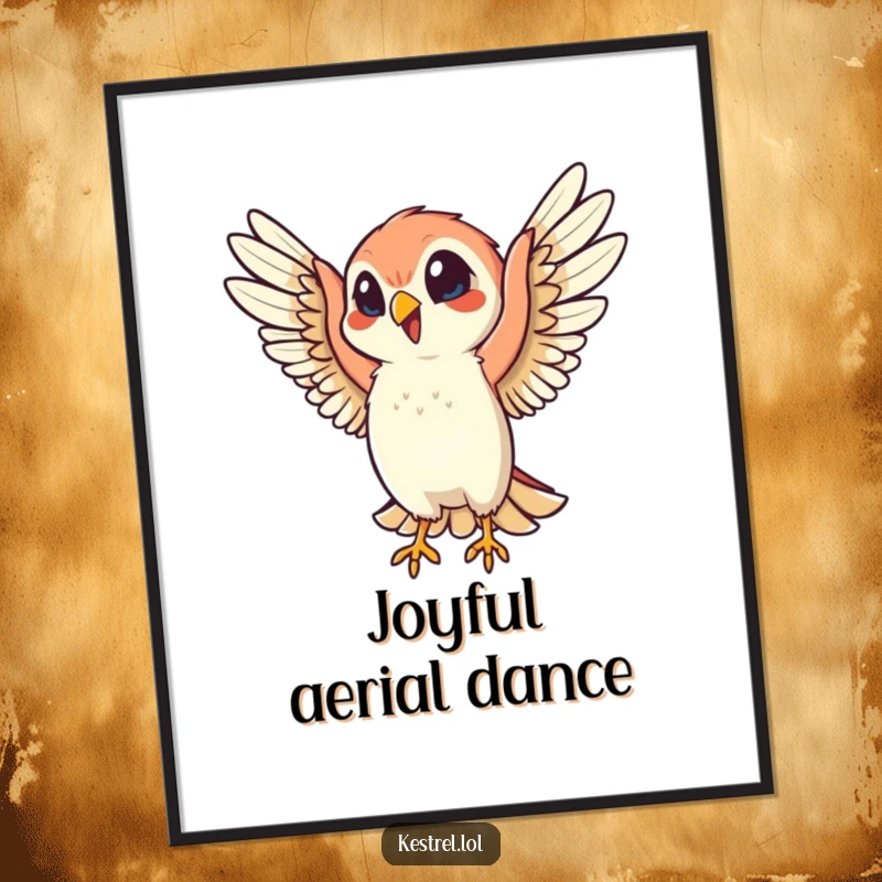 Funny digital art print of a cheerful kestrel character flapping its wings with infectious energy, capturing a moment of pure avian delight.