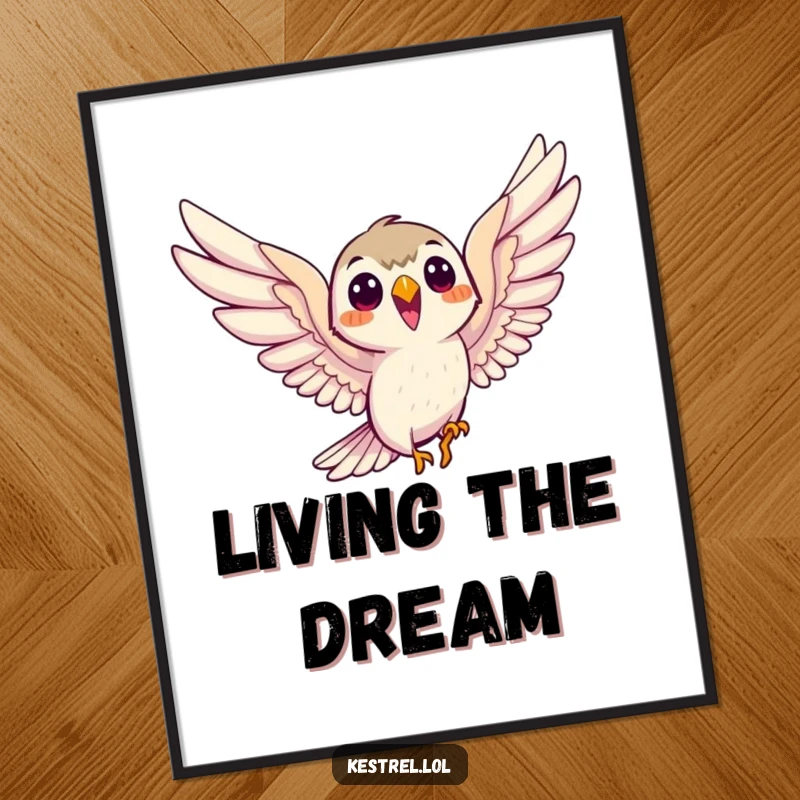 Funny smiling kestrel digital art print, the bird eagerly soaring with outstretched wings, a beautiful and humorous artwork.