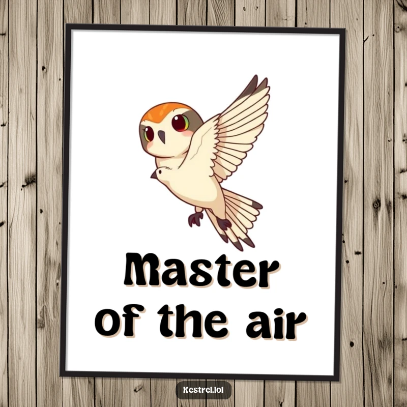 Funny kestrel digital art print of a kestrel banking sharply in the sky, capturing a moment of agile humor for easy display.