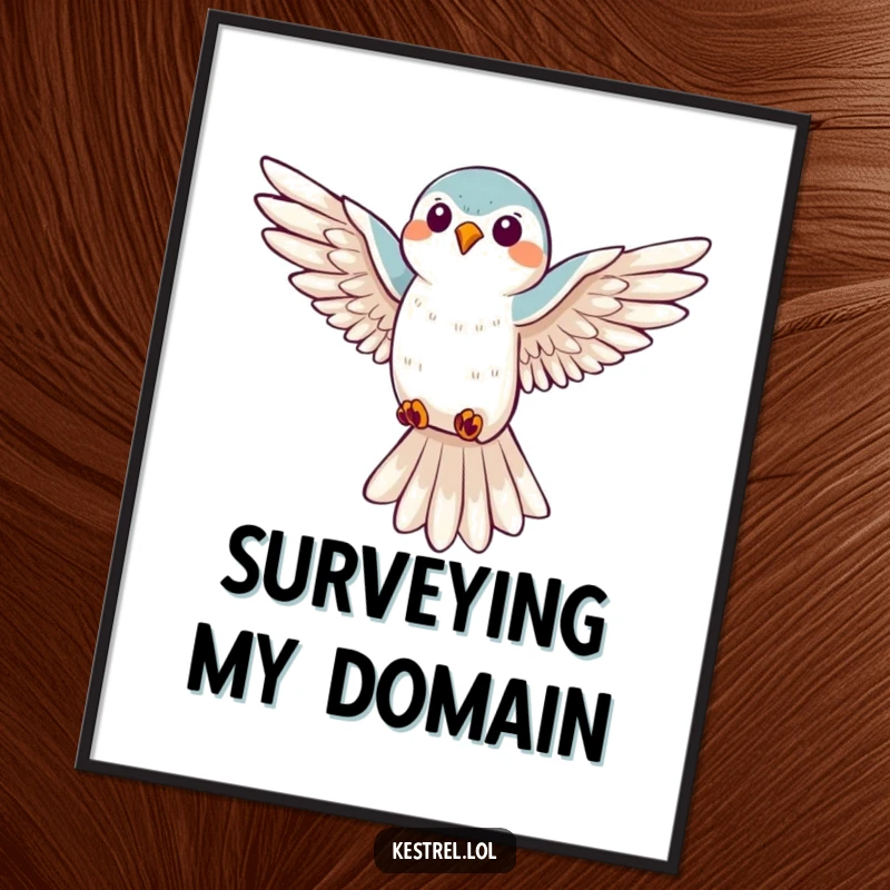 Funny kestrel hovering digital art print, a joyful bird illustration capturing the essence of flight and happiness.