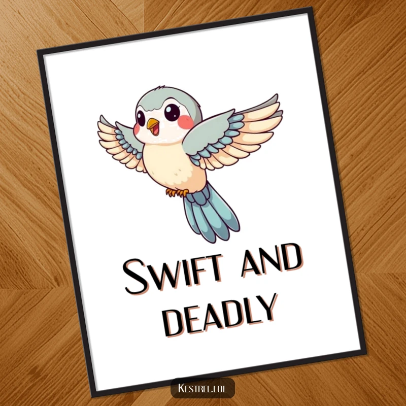 Funny digital art print of a jovial kestrel with wings tucked in swift descent, ready to add humorous speed and dynamic fun to any digital display.