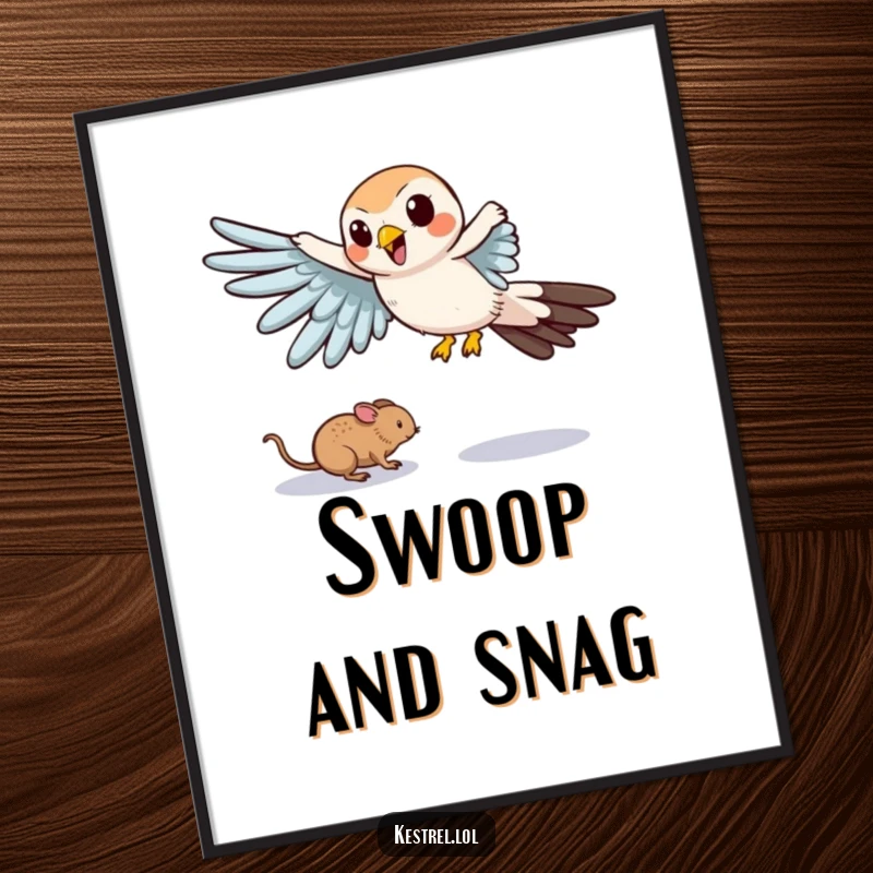 Funny digital art print of a cartoon kestrel comically swooping down with outstretched wings, in a humorous chase scene.