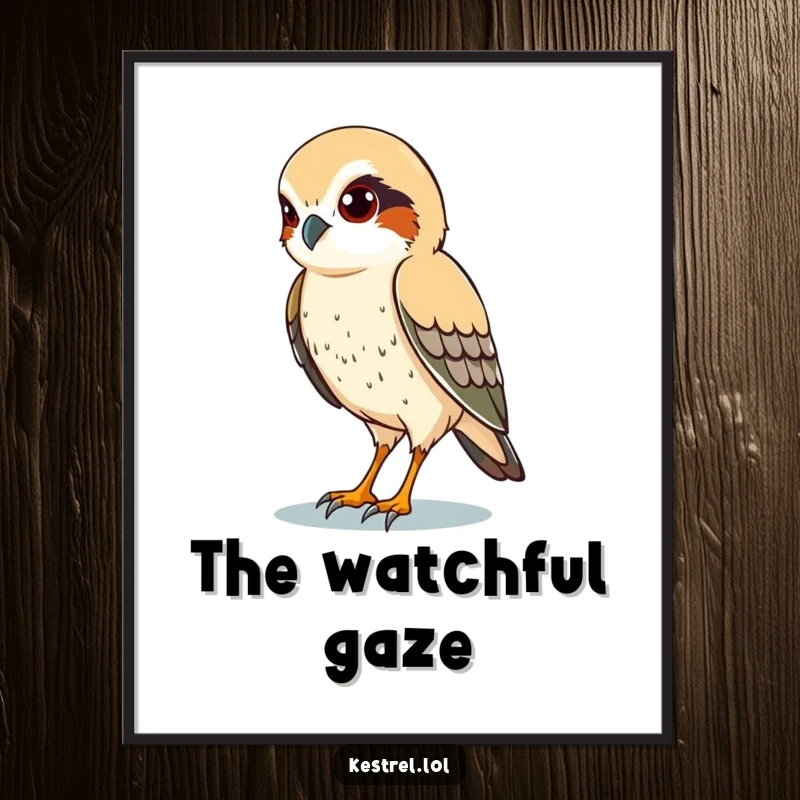 Funny digital art print of a kestrel character with sharp eyes, scanning the ground below, perfect for focused decor.