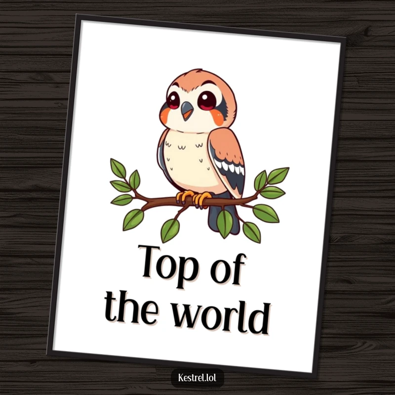 Funny kestrel digital art print of a happy bird perched on a branch, looking around. High-quality and humorous.