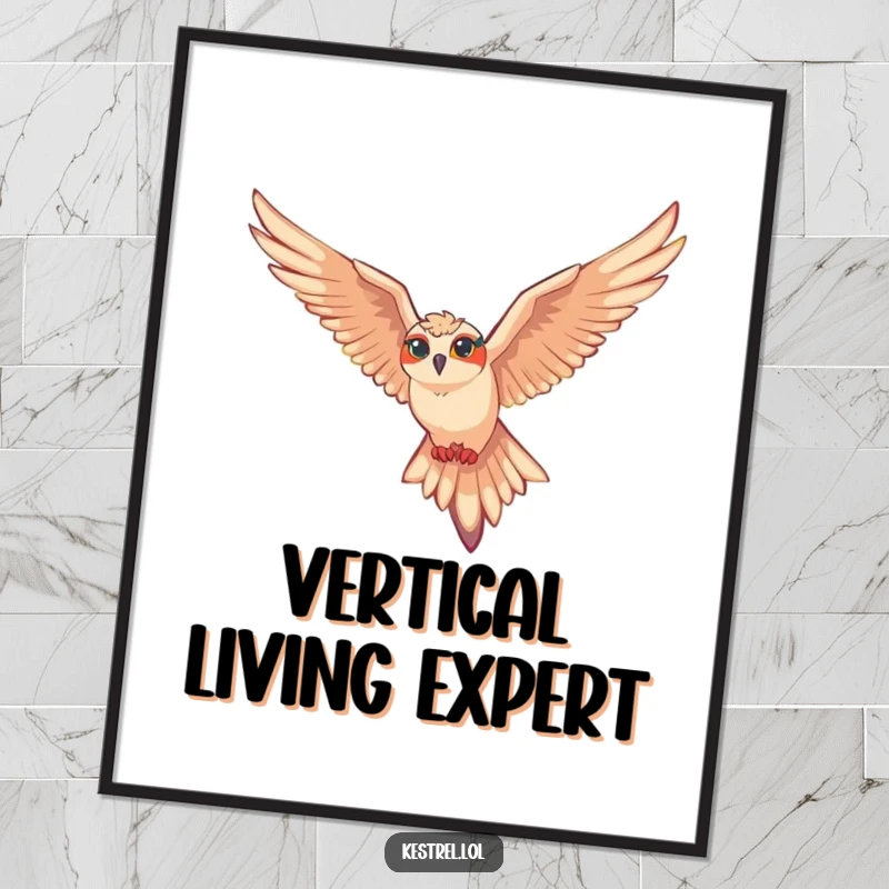 Funny kestrel digital art print of a kestrel character effortlessly gliding on air currents, evoking freedom and elegance.