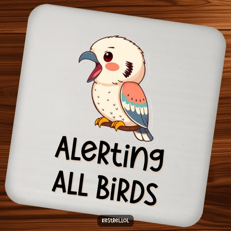 Funny kestrel coasters featuring a kestrel calling out, beak open, protecting surfaces with a humorous and artistic avian design.