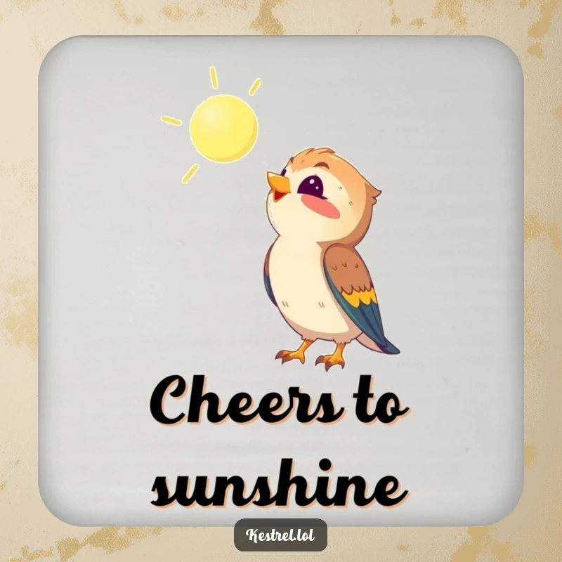 Funny kestrel coasters featuring a kestrel looking up at the sun with delight, protecting surfaces with humor, a unique bird-themed gift.