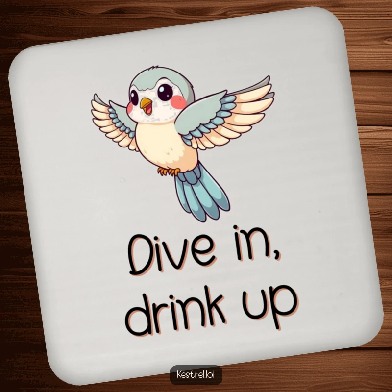 Funny drink coasters featuring a jovial kestrel with wings tucked in swift descent, providing surface protection with a humorous and dynamic design.
