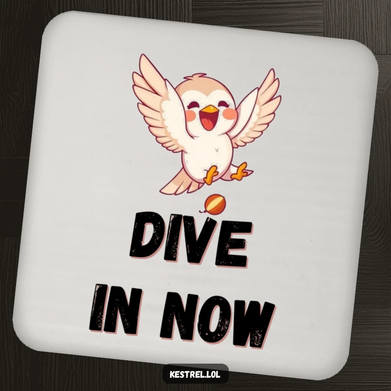 Funny kestrel drink coaster with a delighted character joyfully diving towards small prey, offering humorous charm and surface protection.