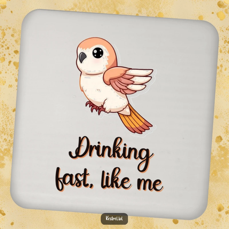 Funny drink coaster featuring a kestrel character in a swift descent with tucked wings, adding humor to tabletops.