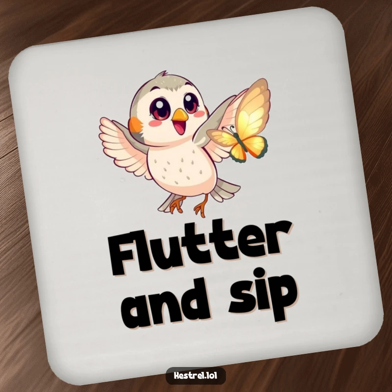 Funny coaster featuring a happy kestrel with big eyes playfully chasing a shimmering butterfly, adding a touch of joy.