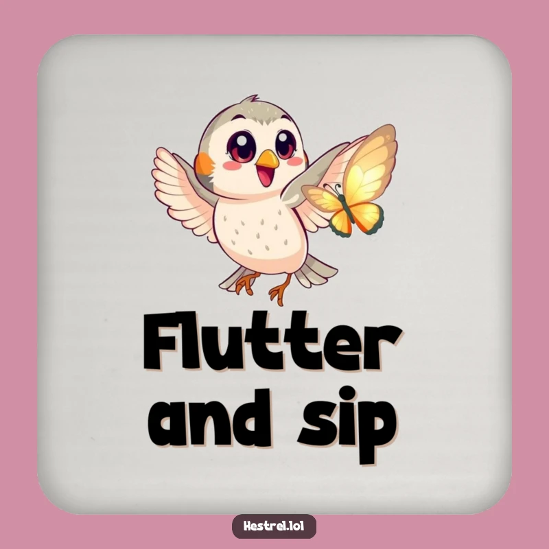 Funny Kestrel Butterfly Chase Coaster - Playful Big Eyes Drink Decor Gift