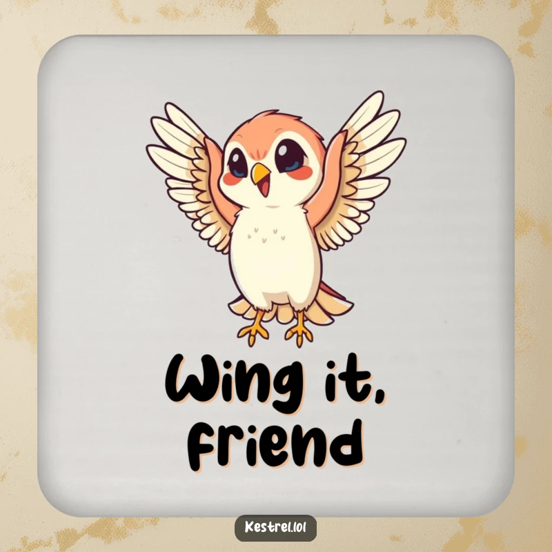 Funny coaster featuring a cheerful kestrel character flapping its wings with infectious energy, offering playful protection for surfaces.