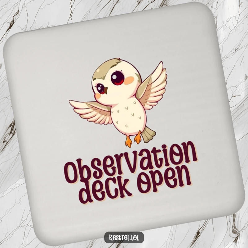 Funny kestrel coaster depicting a curious bird hovering intently, protecting surfaces with bird-themed humor. A delightful gift.