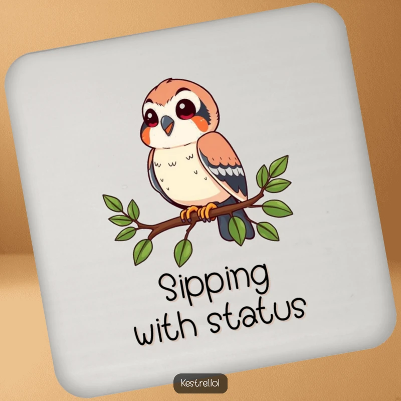Funny kestrel coaster featuring a happy bird perched on a branch, looking around. Protects surfaces with humor.