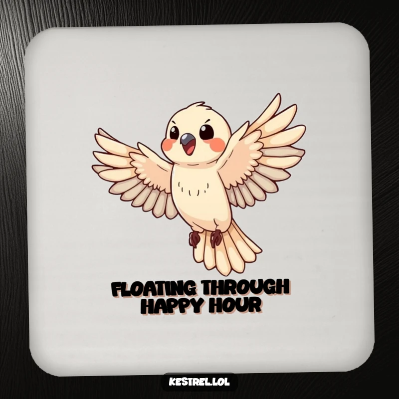 Funny happy kestrel drink coaster, illustrating a bird in vigorous flight, a small yet cheerful addition.