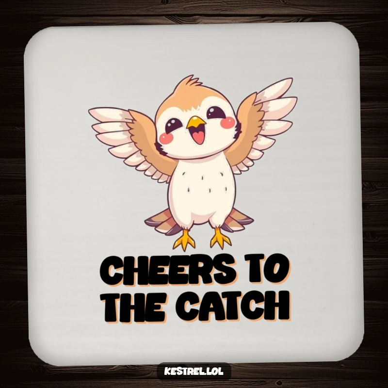 Funny kestrel coaster featuring a joyful bird celebrating a catch with open wings. Protects surfaces with humor.