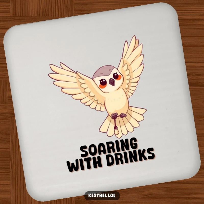 Funny drink coaster featuring a kestrel character performing a graceful aerial maneuver, symbolizing elegance and flight.