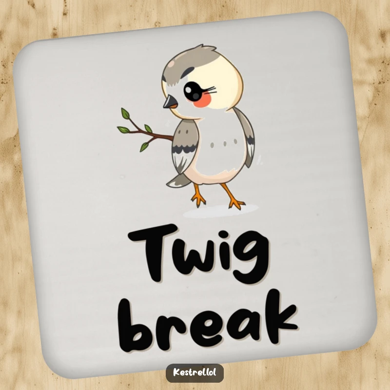 Funny kestrel coaster showing a busy kestrel carrying a twig, a charming and humorous addition to tabletops.