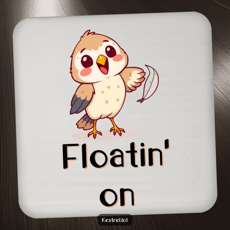 Funny kestrel drink coaster with a cheerful character comically attempting to catch a falling feather, offering humorous charm and surface protection.
