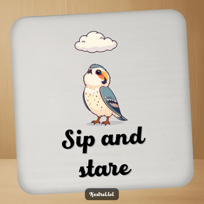 Funny drink coaster featuring a curious kestrel character looking up at a cloud, adding humor to tabletops.