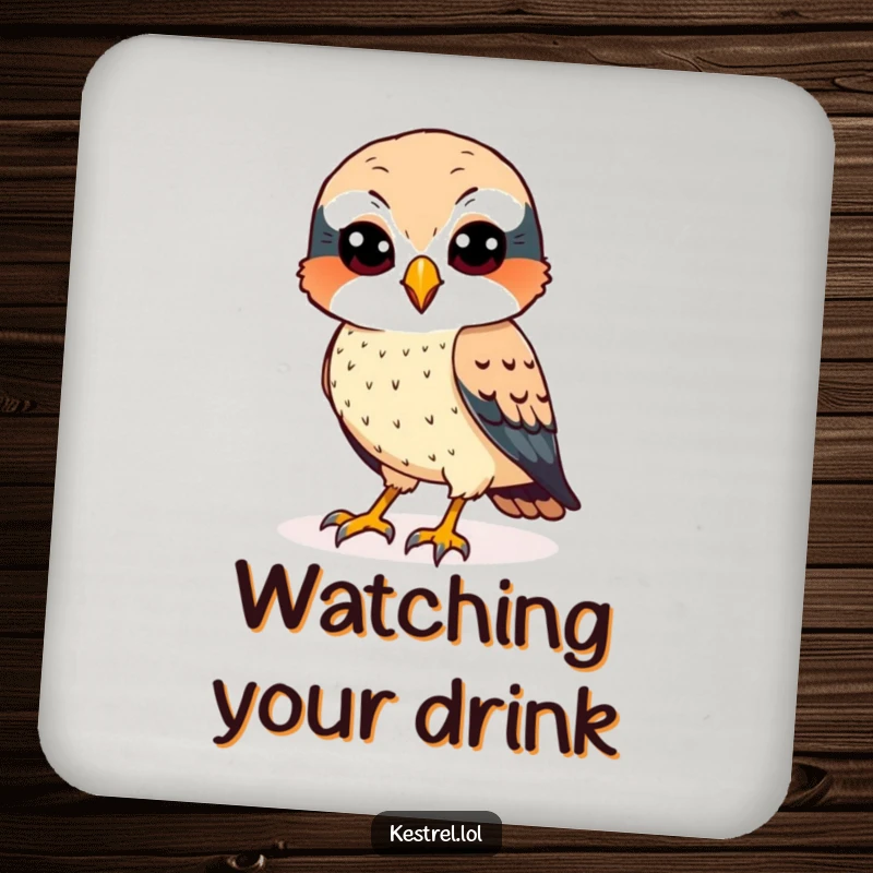 Funny kestrel coaster with a cheerful bird having sharp eyes, scanning the ground, adding humor.